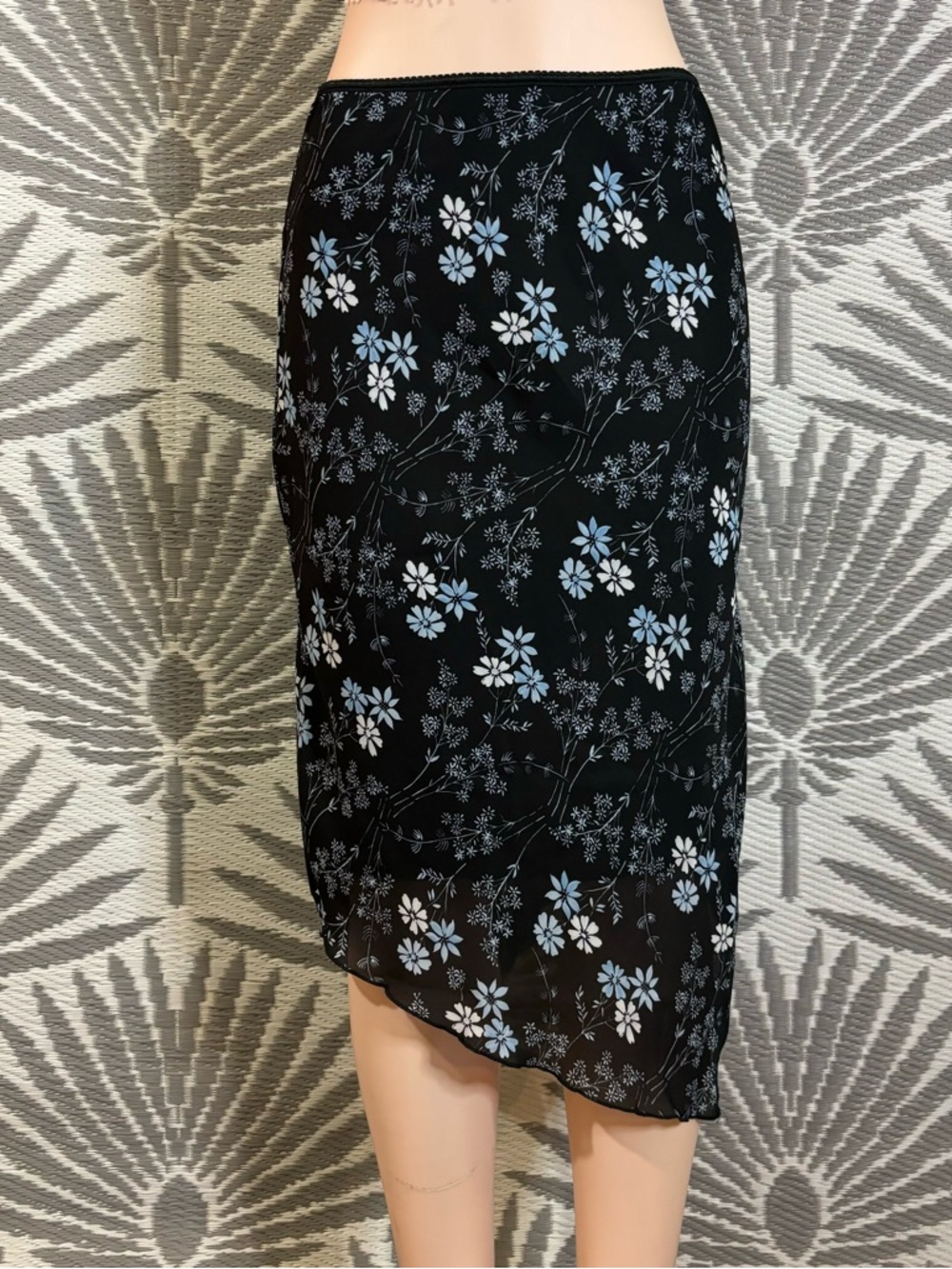 Vtg Floral  Asymmetrical Midi Skirt Sz M Blk Sheer Grunge Fairy Y2K 90s Grunge